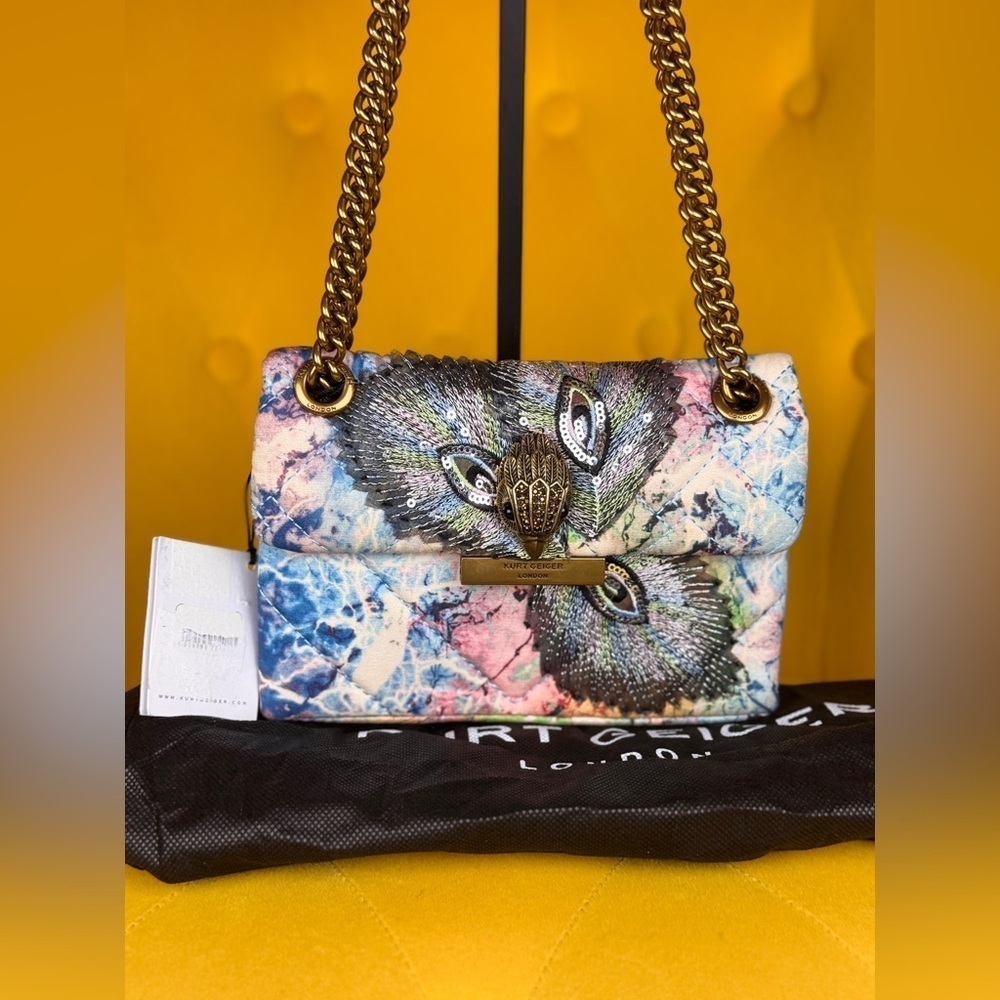KURT GEIGER LONDONMini Fabric Kensington Bag Crossbody Peacock Bird Purse Gold